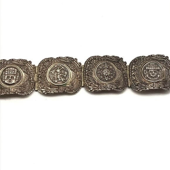 Vintage EME MEXICO 925 Sterling Silver Mayan Face Panel Link Bracelet 7" - Picture 5 of 12